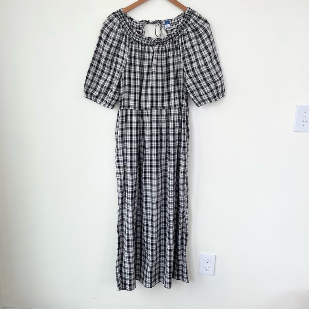 Old Navy Puff-Sleeve Plaid Smocked Midi Swing Dress MT Medium Tall Black Plaid - Picture 3 of 12